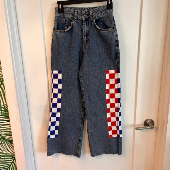 The Ragged Priest Blue High Rise Checkered Kickflip Wide Leg Jeans Size 26 - Picture 4 of 10